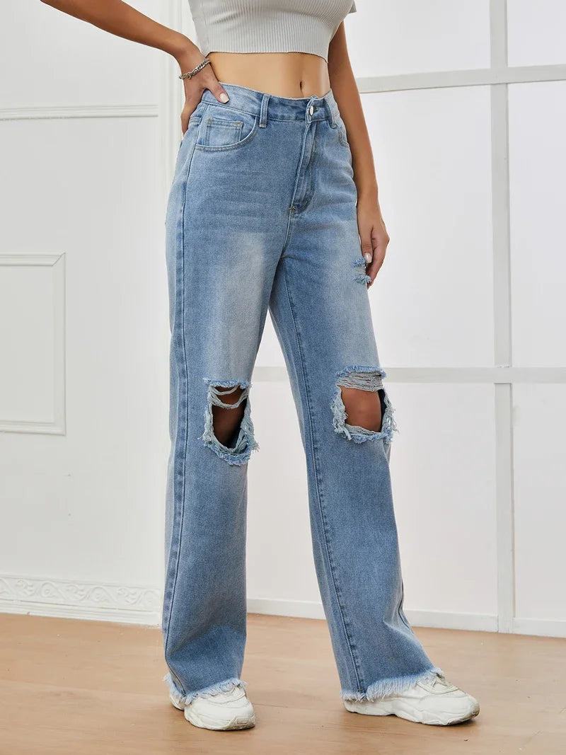 High Waist Ripped Loose Jeans for Women