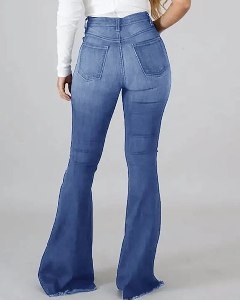 High Waist Flared Ripped Jeans for Women