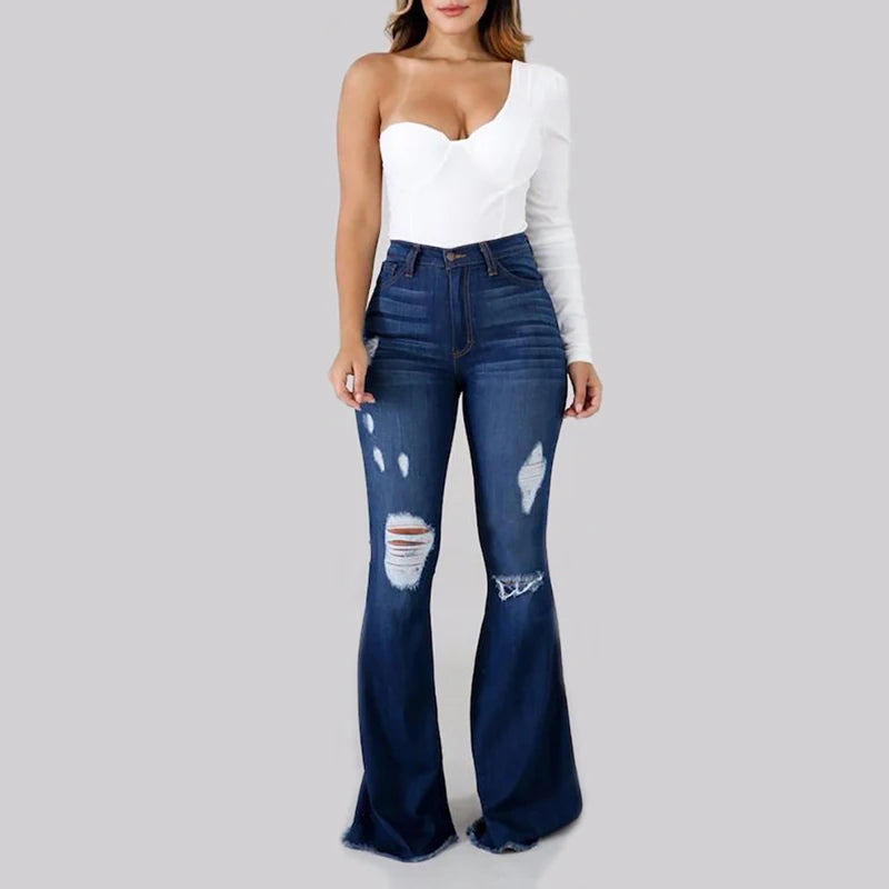 High Waist Flared Ripped Jeans for Women
